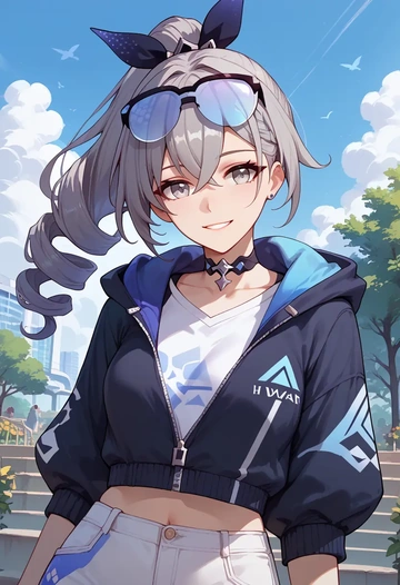 star rail,silver wolf,crop hoodie,shorts  - AI generated anime art